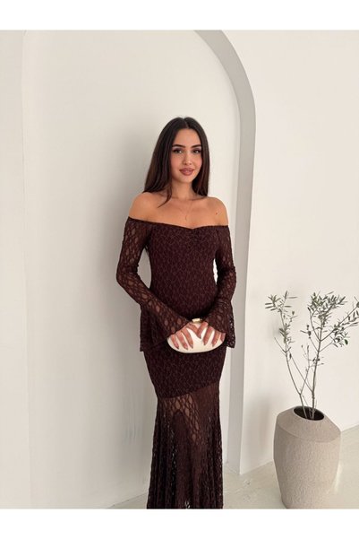 Genel Markalar Kadın Omuz Açık Astarlı Uzun Dantel Elbise