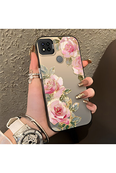 PATTERNOVA Redmi 9C/10A Uyumlu Mat Pembe Gül Altın Çizgi Baskılı Kılıf, Zarif...