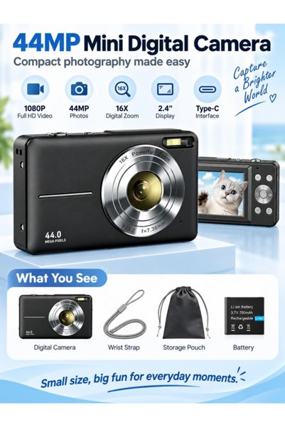 Kijarda Mini Digital Camera 44MP 1080P HD, 16X Digital Zoom, 2.4” Screen, Typ...