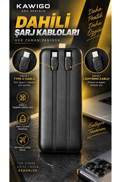 kawigo 30.000 mAh 22.5W Powerbank Hızlı Şarj Powerbank Dahili Type-C & Lightning Kablolu, Dijital Göstergeli Powerbank LED Fenerli Powerbank