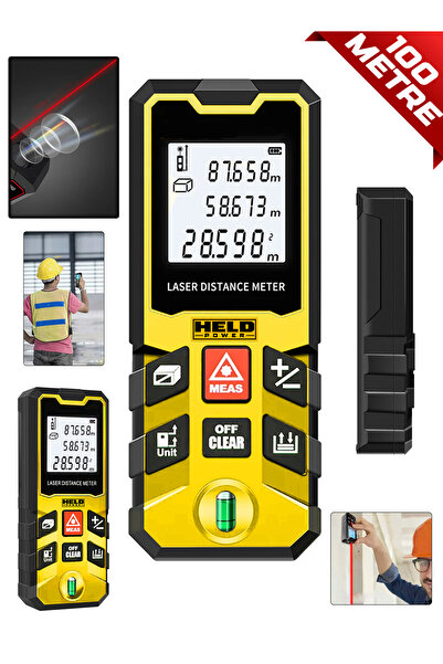 100 Metre Dijital Ekranlı ve Su Terazili Lazer Metre (Hassas Mesafe, Alan ve Hacim Ölçer)