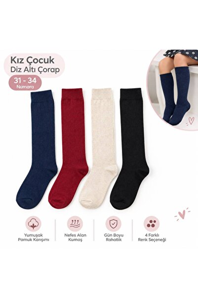 CİHO SOCKS 4 Çift Kız Çocuk, Kadın Basic Düz Kaymayan Diz Altı Orta Okul Lise...