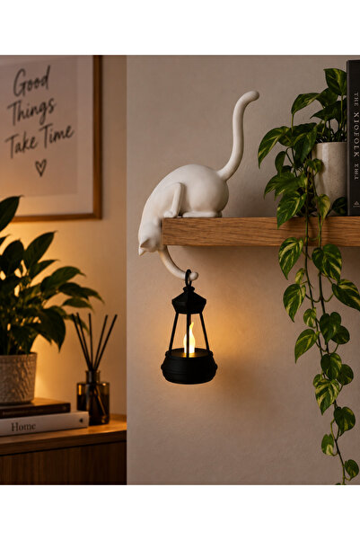 TRİMENT3D Askılı Kedi Raf Dekoru 24 CM – Tealight Mumlu LED Fenerli Plastik D...