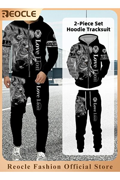 REOCLE Men's 2 Pcs Hoodie Set Sweatshirt Suit 4D Printed Long Sleeve Hoodie w...