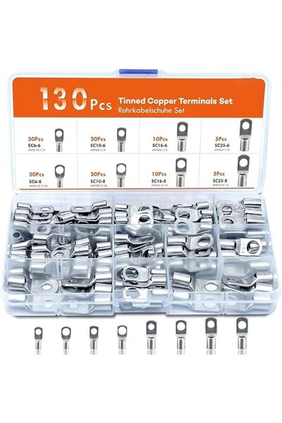 KASTWAVE Battery Terminal Connectors, 130 Pcs Tinned Copper Crimp Cable Lugs ...