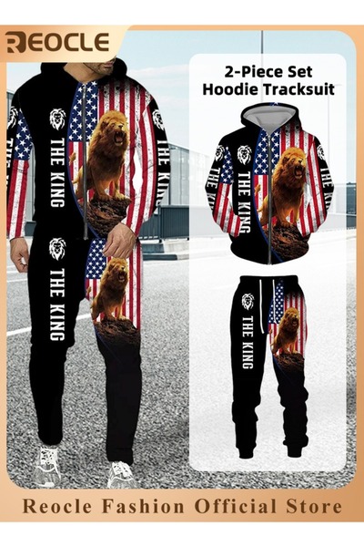 REOCLE Men's 2 Pcs Hoodie Set Sweatshirt Suit 4D Printed Long Sleeve Hoodie w...