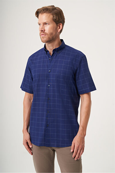 İmza Navy Blue-White Buttoned Collar Short Sleeve Comfort Fit 100% Cotton Shi...