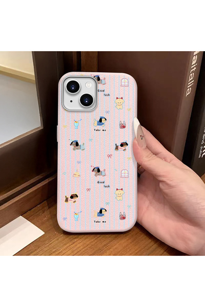 ucuc iPhone 15 Uyumlu Pembe Deri Dokulu Silikon Kamerayı Korur Şok Emici Çizg...