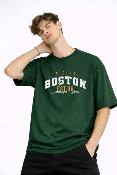 Zerenyus Boston Baskılı - Premium Kumaş Unisex Oversize Tişört Haki