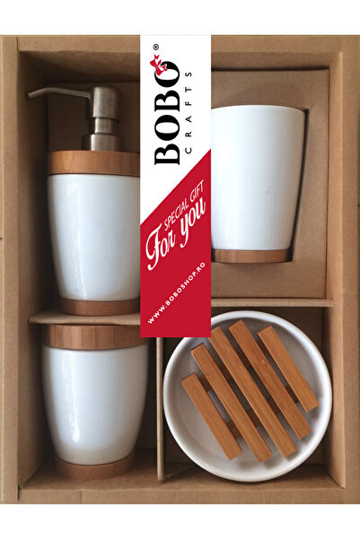 Bobo Set de accesorii de baie din ceramică cu detalii din bambus, alb, cutie ...
