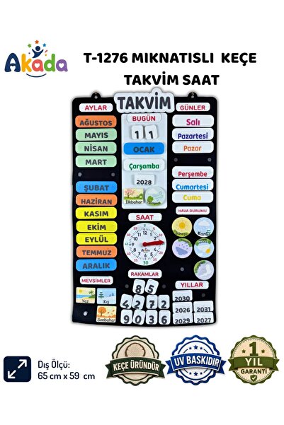 AKADA Mıknatıslı Keçe Takvim Saat Panosu - Aylar Günler Mevsim ve Saat Öğreti...