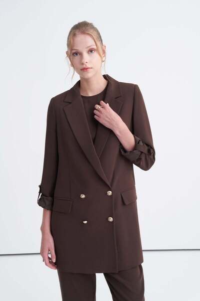 Zühre Double-Breasted Collar Accessory Detailed Oversize Long Lined Brown Jac...