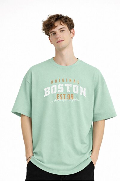 Zerenyus Boston Baskılı - Premium Kumaş Unisex Oversize Tişört Su Yeşili