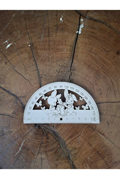 Ahşap Lazer Kesim İletki Cetvel - Eğitici Tavşan Figürlü Açıölçer (10 cm / 180 Derece)