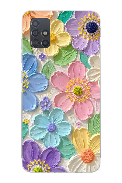 Lotus Gold Samsung Galaxy M51 Uyumlu Renkli Pastel Çiçek Desenli Şeffaf Telef...