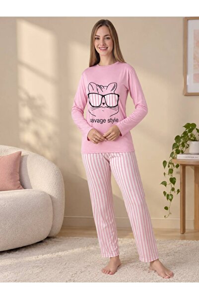 KADIN KEDİ BASKILI ÇİZGİLİ PİJAMA TAKIMI