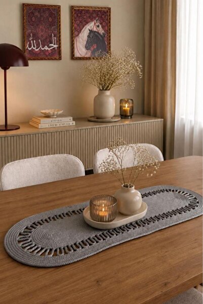 Çeyiz Diyarı Karanfil Luxury Crochet 33X100 cm Oval Runner Silver