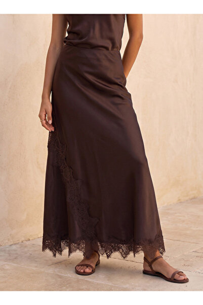 FAV Youth Maxi Satin A-line Skirt with Lace Trim