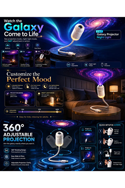 YMS ELEKTRONİK USB Galaksi Projektör 2’si 1 Arada – LED Gece Lambası – 360° A...