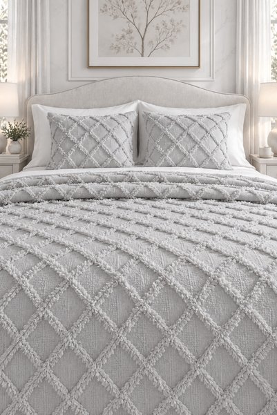 desenizmir Bohemian Gray Double Bedspread and Pillowcase Set