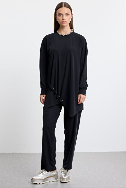 Tığ Triko Asymmetrical Tunic Trouser Suit Black