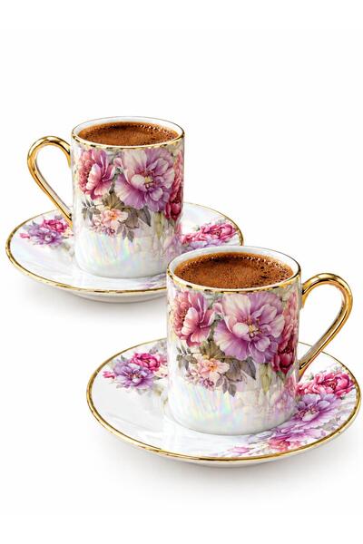 ALBETTO 2-Person Effect Flower Patterned Porcelain Coffee Cup Set Rose
