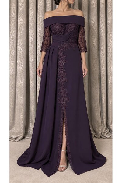 ELORA FASHION Royal Purple Evening Dress Long Lace Detail Wrap Belted Gown 💜 ✨