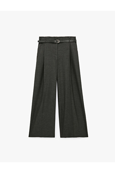 Koton Pleated Striped Wide-Leg Palazzo Pants with Pockets and Belt