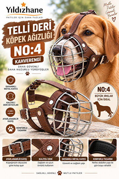 Yıldızhane Telli Deri Köpek Ağızlığı No:4 Kahverengi Ayarlanabilir Metal Kafe...