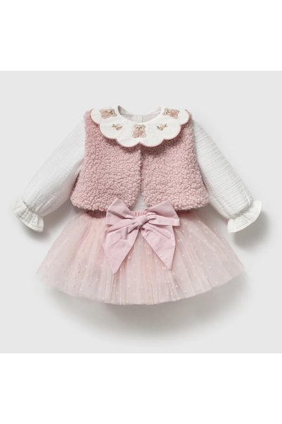 Momercy Teddy Bear Embroidered Collar Plush Vest Tutu Skirt Baby Girl 3-Piece Set