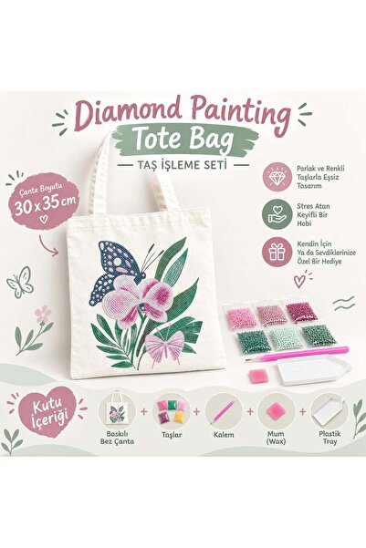 iğne izi 5D Elmas Taş İşlemeli Bez Çanta 30x35cm, Diamond Painting Tote Bag G...