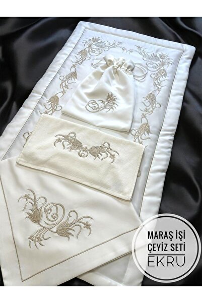 Lady Home Maraş Handwork Prayer Rug Towel Bundle Slipper Pouch 4 Piece Set Do...