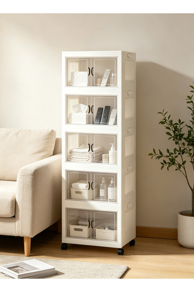 Generic 2 3 4 5 Tier Stackable Storage Cabinet with Wheels, White Plastic Fol...