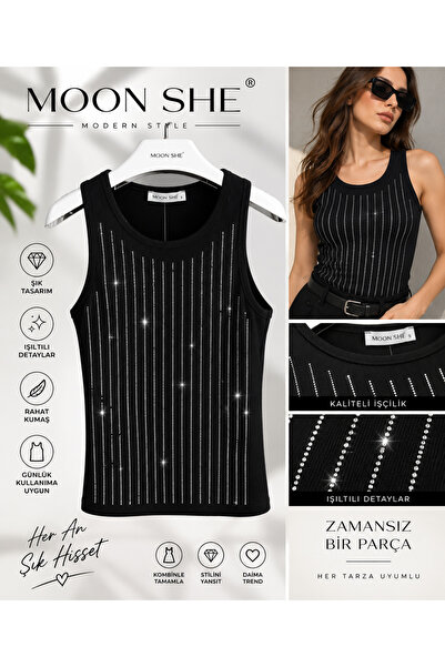 Ravello Collection Moon She Kadın Siyah Taşlı Çizgili Kolsuz Triko Bluz
