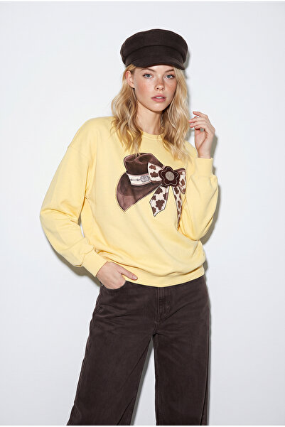 Bianco Lucci Women's Yellow Bow Printed Stone Detailed Oversize Three-Thread ...