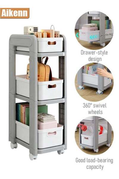 Aikenn 3 Tier Rolling Cart Organizer with 3 Drawers, Bathroom Shelf, Plastic ...