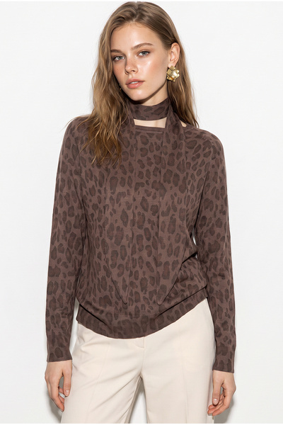 Bianco Lucci Women's Leopard Patterned Knitwear Blouse with Scarf Accessory 2...