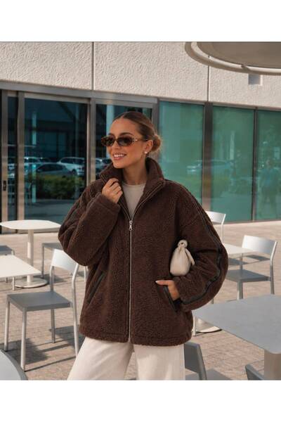 ON6STORE16 Kadın Ekru Peluş Teddy Ceket Kapüşonlu Fermuarlı Oversize Cepli Kı...