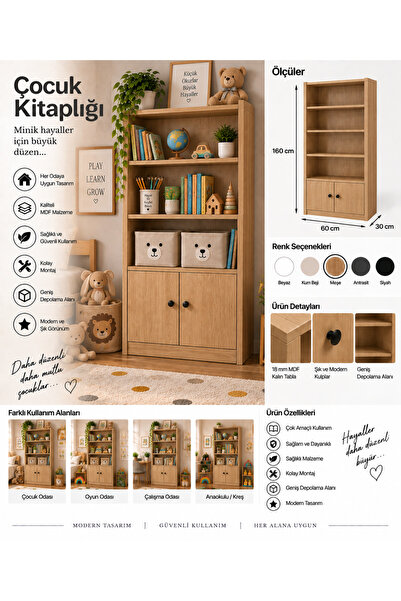 Çocuk Kitaplığı 60x160x30 cm 5 Raflı 2 Kapaklı Çocuk Odası Kitaplık