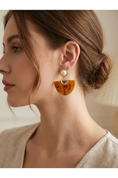 MODA Luxury Pearl Detailed Brown Acrylic Half Moon Design Pendant Women's Ear...