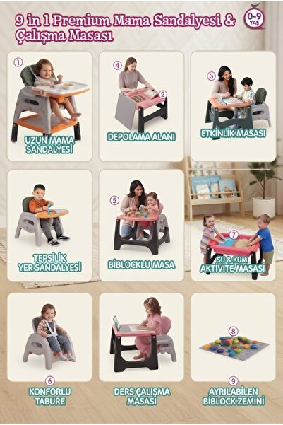 oruçoyuncak Çalışma Masası 9 in 1 Premium Mama Sandalyesi & Çalışma Masası - Çok Fonksiyonlu Bebek Sandalyesi ve Aktivite Masası
