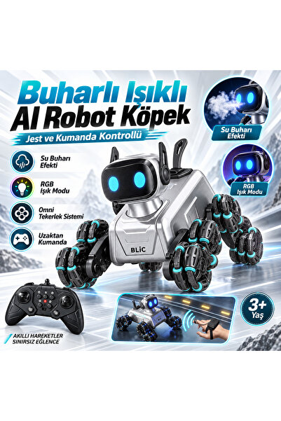 Fillikutum AI Robot Köpek Uzaktan Kumandalı Jest ve Ses Kontrollü Spreyli Işıklı Akrobatik