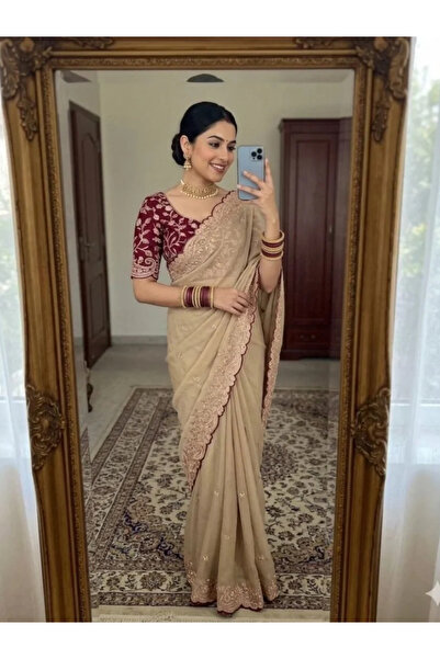 MYSMAR Beige Georgette Saree - FFT8629 | Beige-Size-0