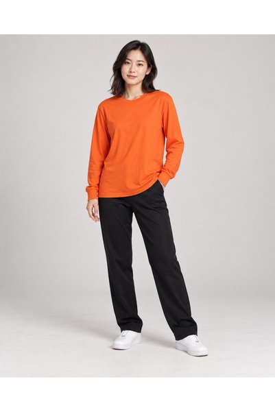 ORANGECAT Unisex Turuncu Bisiklet Yaka Uzun Kollu Ribanalı Basic Tişört