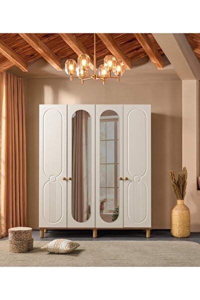 Dodef Wood Pera Aynalı Gardırop 4 Kapaklı 2 Gizli Çekmeceli Elbise Dolabı Yat...