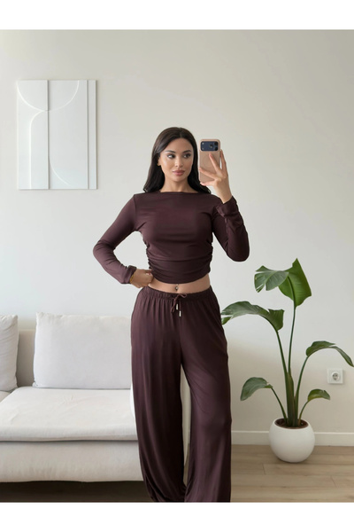 Zoom Butik Yan Büzgü Şalvar İkili Takım - KAHVE