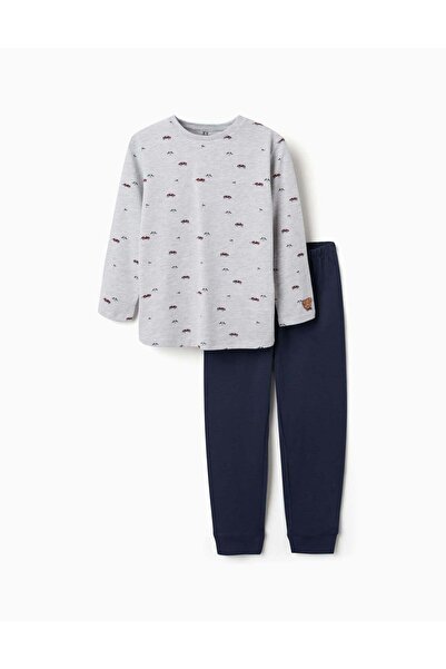 Ziddy Long Sleeve Pyjamas With Racing Car Motif For Boys, Grey/Dark Blue