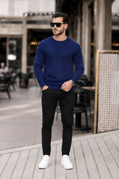 comstar Men's Premium Crew Neck Navy Blue Basic Knit Sweater