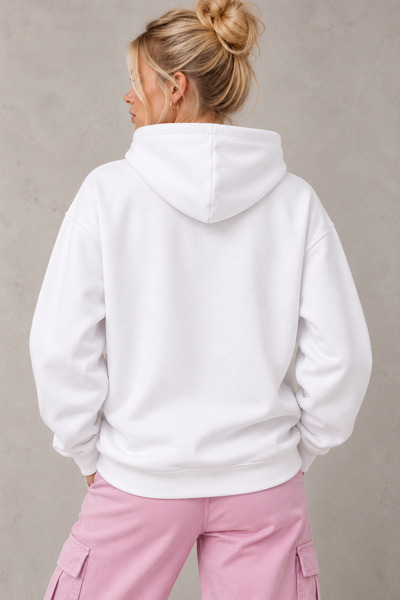 Jooy Beyaz Kadın Kapüşonlu Sweatshirt Main Character Energy Baskılı Hoodie