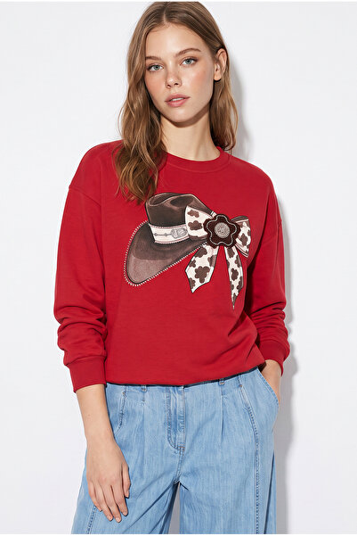 Bianco Lucci Kadın Kırmızı Fiyonk Baskılı Taş Detaylı Oversize Üç İplik Sweatshirt 2283 60286479